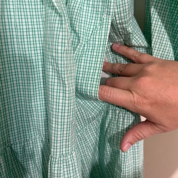 J. Crew Gingham Green Cotton Blend Poplin Raglan Tiered Mini Dress SIZE SMALL - Picture 6 of 8